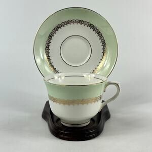Colclough Genuine Bone China England Mint Green Gold Teacup Saucer Set Vintage
